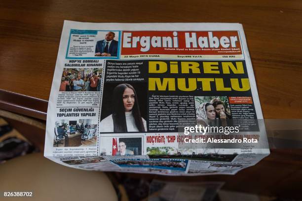 June 2015 - Ergani, Turkey. The news about the attack to Mutlu Kaya on the front page of the local daily paper Ergani Haber. The victim of the...