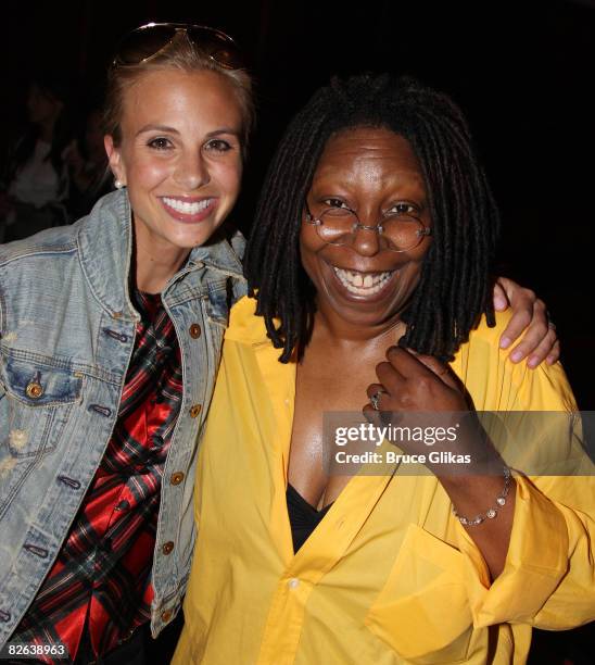 Elisabeth Hasselbeck and Whoopi Goldberg pose as Hasselbeck visits her "The View" costar at "Xanadu" on Broadway at the Helen Hayes Theatre on...