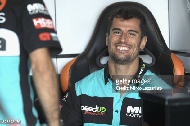 Simone Corsi of Italy and Speed Up Racing smiles in box during the MotoGp of Czech Republic - Free Practice at Brno Circuit on August 4, 2017 in...
