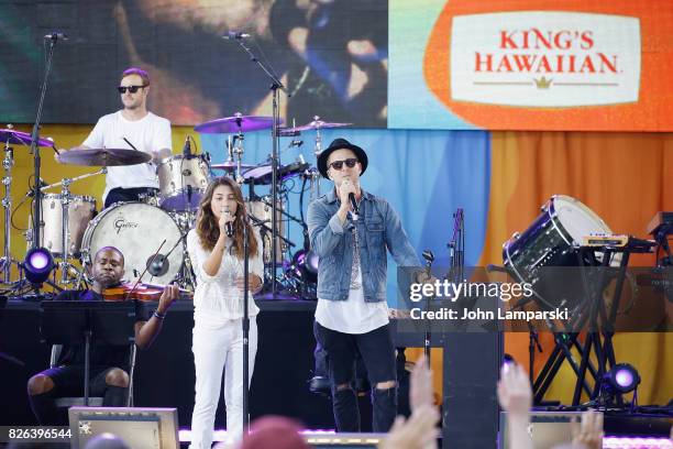 Chris Cornell's doughter, Toni Cornell joins Eddie Fisher and Ryan Tedder of OneRepublic during a performance on ABC's "Good Morning America" at...