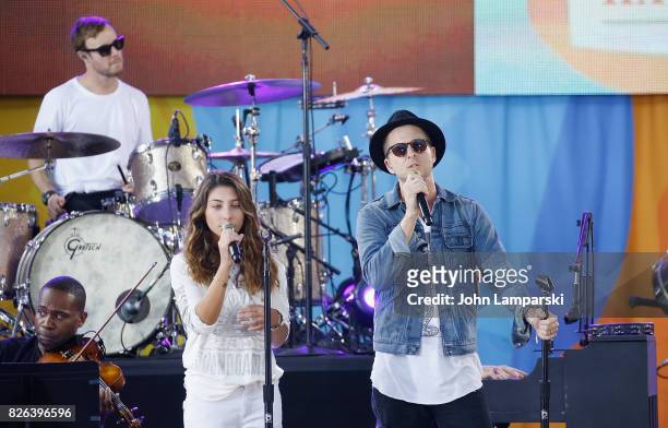 Chris Cornell's doughter, Toni Cornell joins Eddie Fisher and Ryan Tedder of OneRepublic during a performance on ABC's "Good Morning America" at...