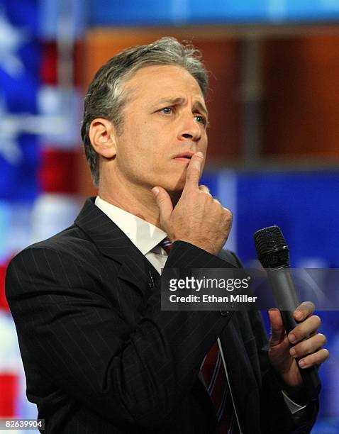 Host Jon Stewart of Comedy Central's "The Daily Show with Jon Stewart" talks to the audience before taping "The Daily Show with Jon Stewart:...