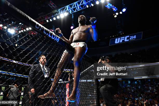 Jon Jones celebrates after defeating Daniel Cormier in their UFC light heavyweight championship bout during the UFC 214 event inside the Honda Center...