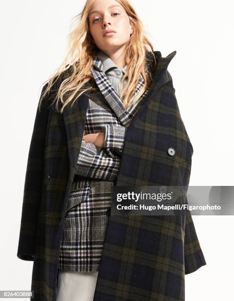 Model Tes Linnenkoper poses at a fashion shoot for Madame Figaro on June 30, 2017 in Paris, France. Coat , jacket , shirt , jeans . PUBLISHED IMAGE....