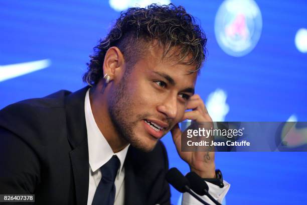 Neymar Jr of Brazil press conference and jersey presentation following his signing as new player of Paris Saint-Germain at Parc des Princes on August...