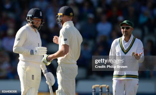 Dean Elgar of South Africa claimed a catch from the bat of Jonny Bairstow of England during the 4th Investec Test match between England and South...