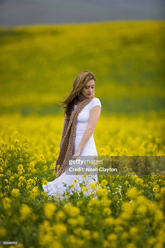 Young woman in dress standing in fields of flowers