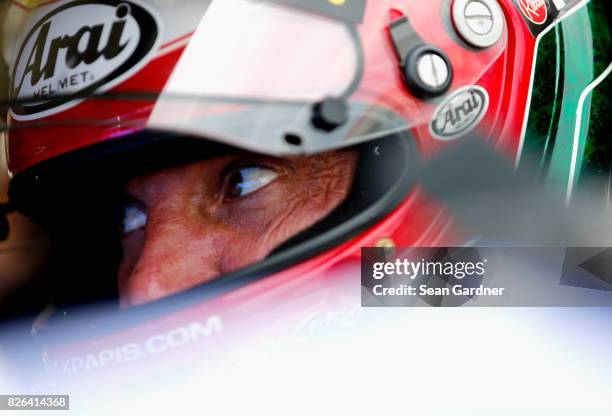 Max Papis, driver of the Overstock Mercantile Sport Clips Toyota sits in his car during practice for the NASCAR K&N Pro Series East Finger Lakes Wine...