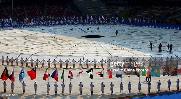Performers rehearse for the opening ceremony of the Beijing 2008 Paralympic Games in the National Stadium on September 3, 2008 in Beijing, China. The...