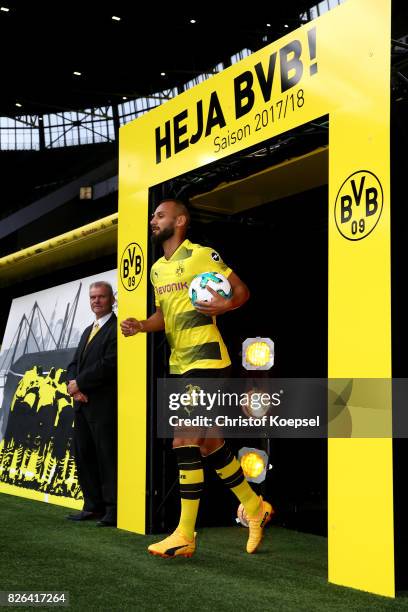 New player Oemer Toprak welcomes the fans during the Borussia Dortmund Season Opening 2017/18 at Signal Iduna Park on August 4, 2017 in Dortmund,...