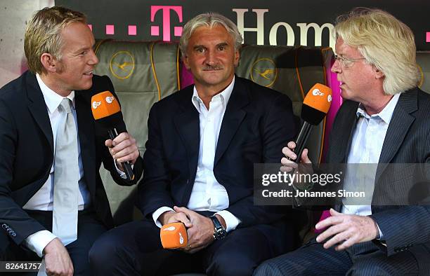 Johannes B. Kerner, Rudi Voeller and Winni Schaefer attend the Oliver Kahn farewell match between FC Bayern Muenchen and Germany at the Allianz Arena...