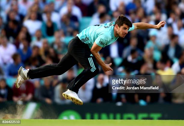 Moises Henriques of Surrey bowls during the NatWest T20 Blast match between Surrey and Glamorgan at The Kia Oval on August 4, 2017 in London, England.