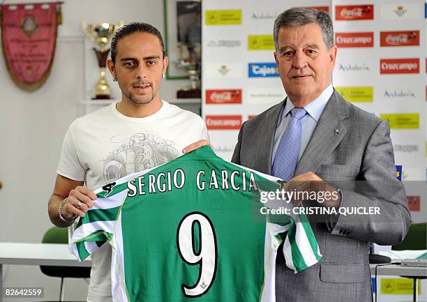 Spanish first division Real Betis Betis President Jose Leon poses on September 3, 2008 during a presentation of the new football forward Sergio...