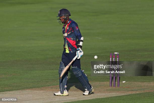 Daniel Bell-Drummond of Kent Spitfires is bowled by David Wiese of Sussex Sharks during the match between Kent Spitfires and Sussex Sharks at The...