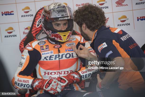 Marc Marquez of Spain and Repsol Honda Team looks on in box during the MotoGp of Czech Republic - Free Practice at Brno Circuit on August 4, 2017 in...