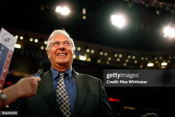 Former Majority Leader U.S. Rep. Dick Armey speaks to the media on the convention floor on day three of the Republican National Convention at the...