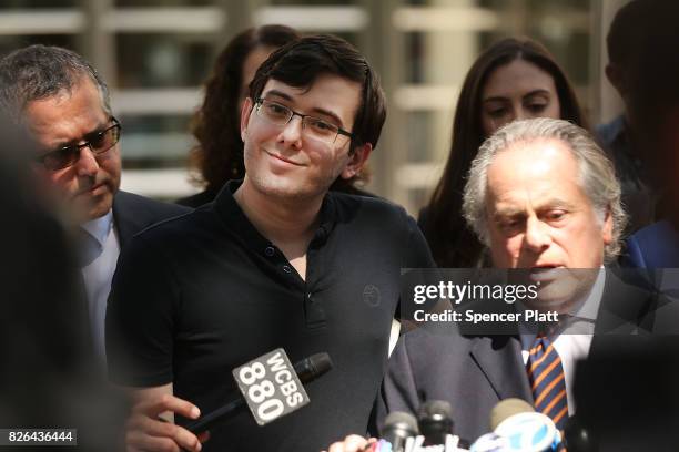 Former pharmaceutical executive Martin Shkreli speaks to the media in front of U.S. District Court for the Eastern District of New York with his...