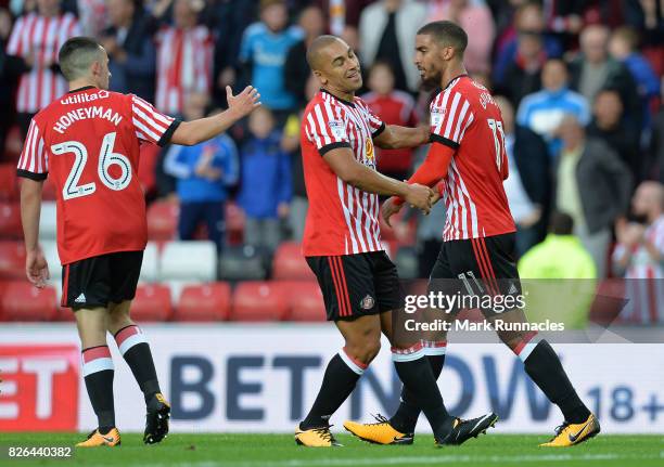 Lewis Grabban, of Sunderland celebrates with James Vaughan of Sunderland after scoring a goal from the penalty spot during the Sky Bet Championship...