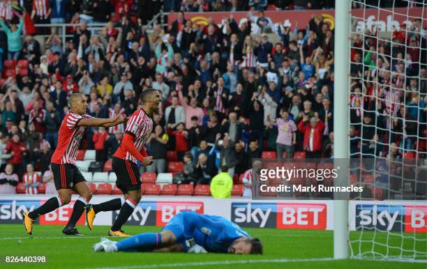 Lewis Grabban of Sunderland celebrates with James Vaughan of Sunderland after scoring a goal from the penalty spot during the Sky Bet Championship...