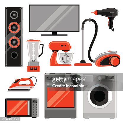 Conjunto De Aparatos Electrodomésticos Artículos Para El Hogar Venta Y  Compras Diseño Publicitario Ilustración de stock - Getty Images