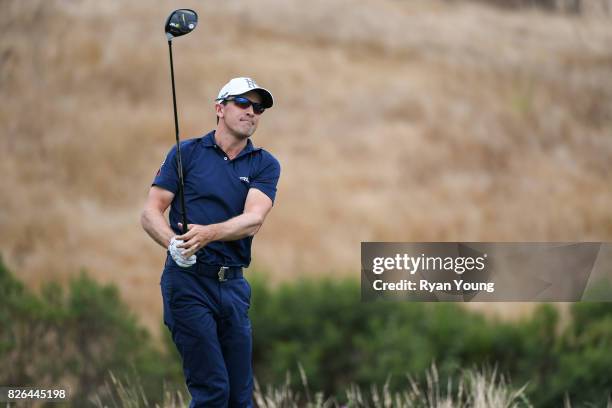 Scott Langley plays his shot from the 17th tee during the second round of the Web.com Tour Ellie Mae Classic at TPC Stonebrae on August 4, 2017 in...