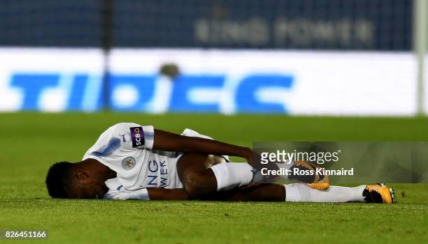Kelechi Iheanacho Leicester is injured during the preseason friendly match between Leicester City and Borussia Moenchengladbach at The King Power...