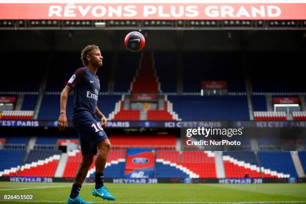 Neymar Jr of Brazil press conference and jersey presentation following his signing as new player of Paris Saint-Germain at Parc des Princes on August...