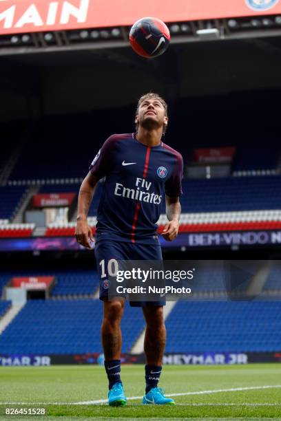 Neymar Jr of Brazil press conference and jersey presentation following his signing as new player of Paris Saint-Germain at Parc des Princes on August...