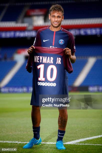 Neymar Jr of Brazil press conference and jersey presentation following his signing as new player of Paris Saint-Germain at Parc des Princes on August...
