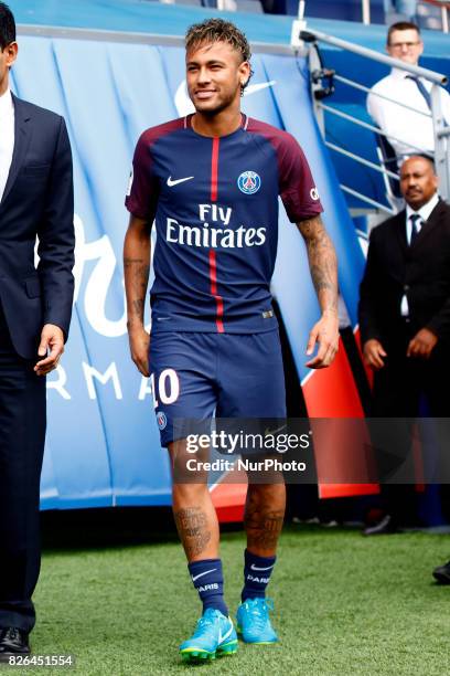 Neymar Jr of Brazil press conference and jersey presentation following his signing as new player of Paris Saint-Germain at Parc des Princes on August...