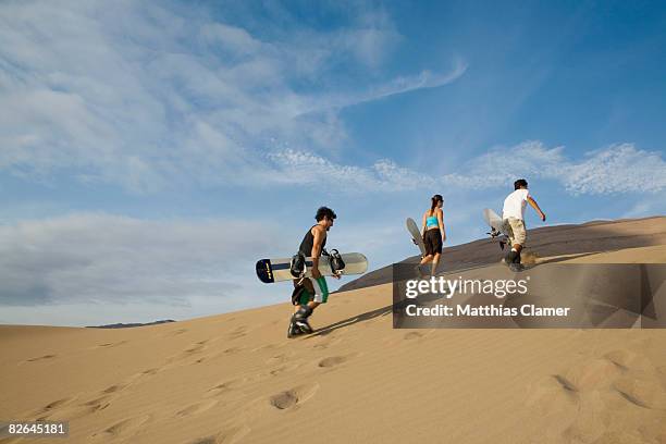 three sandboarders on a sand dune - sand boarding stock pictures, royalty-free photos & images