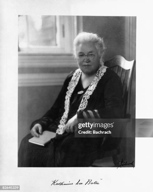 Signed portrait of the American lyricist Katharine Lee Bates , shows her sitting in a chair, United States, early 20th century. The Wellesley College...