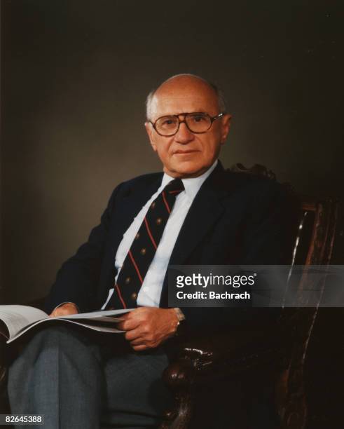 Portrait of the noted American economist Milton Friedman , New York, 1986. Professor Friedman was awarded the Nobel Prize in Economic Sciences in...