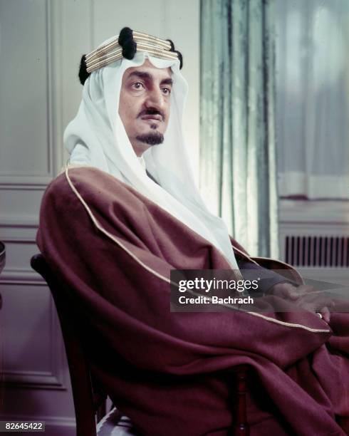 Portrait of the Saudi Arabian King Faisal ibn Abdul Aziz Al Saud wearing a traditional headdress, United States, mid-20th century.