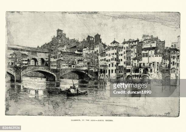 19 世紀，在義大利佛羅倫斯韋奇奧橋 - vecchio 幅插畫檔、美工圖案、卡通及圖標