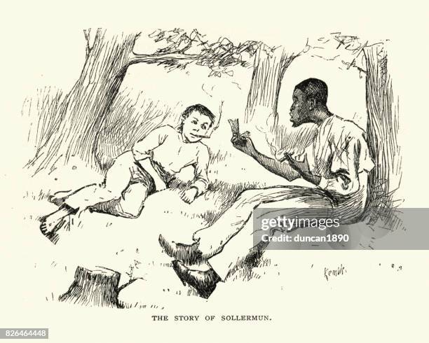 adventures of huckleberry finn, jim telling the story of sollermun. - huckleberry finn stock illustrations