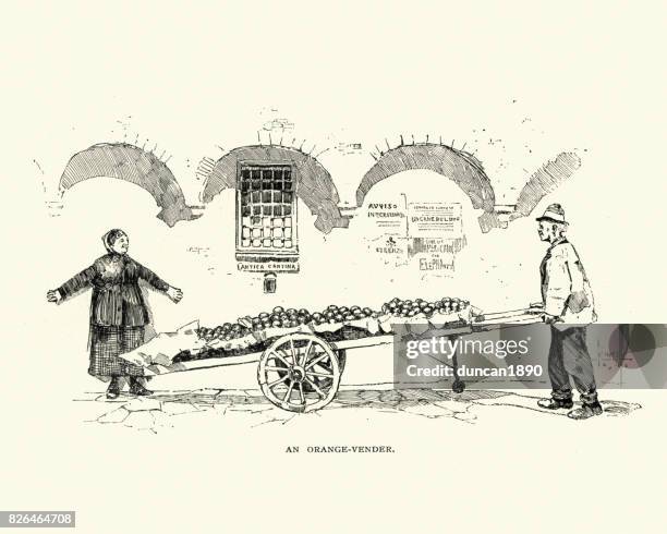orange vendor of florence, italy, 19th century - florence food market stock illustrations
