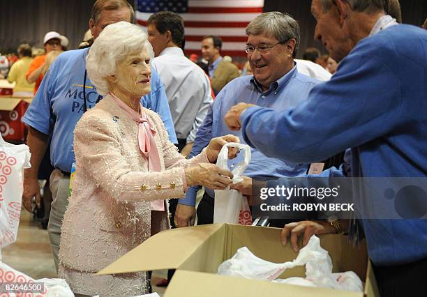 Roberta McCain, mother of Republican presidential candidate Arizona Senator John McCain helps to prepare comfort packages at the GOP Delegates...
