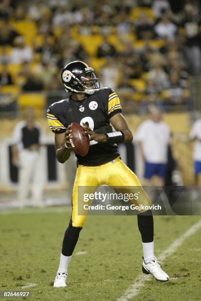 Quarterback Dennis Dixon of the Pittsburgh Steelers passes against the Carolina Panthers during a preseason game at Heinz Field on August 28, 2008 in...