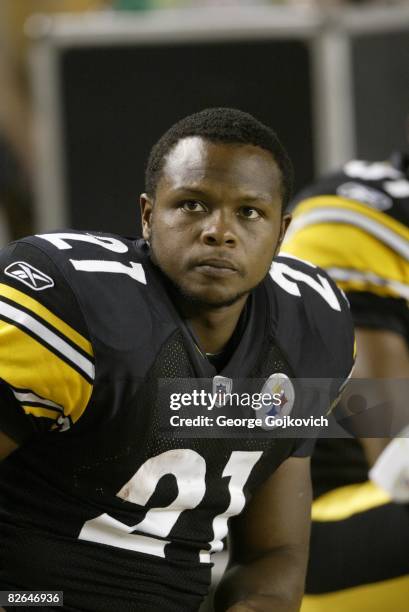 Running back Mewelde Moore of the Pittsburgh Steelers looks on from the sideline during a preseason game against the Carolina Panthers at Heinz Field...