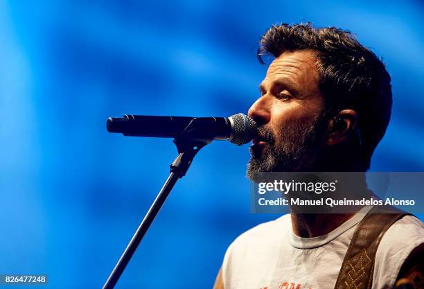 Pau Dones during the Jarabe de Palo performing live on stage for his '20 ANOS' tour 2017 at Plaza de Maria Pita in La Coruna, Spain.