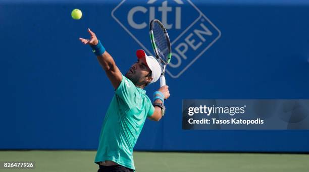 Yuki Bhambri of New Delhi competes with Kevin Anderson of South Africa at William H.G. FitzGerald Tennis Center on August 4, 2017 in Washington, DC.