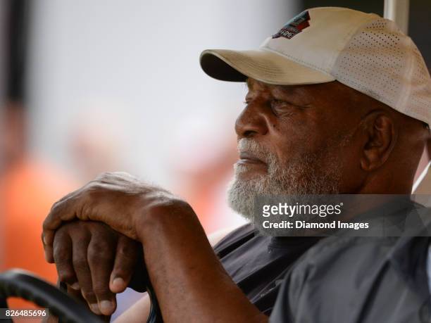 Hall of fame fullback Jim Brown of the Cleveland Browns watches drills during a training camp practice on August 2, 2017 at the Cleveland Browns...