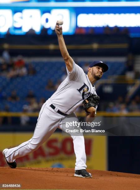 Jacob Faria of the Tampa Bay Rays pitches during the first inning of a game against the Milwaukee Brewers on August 4, 2017 at Tropicana Field in St....