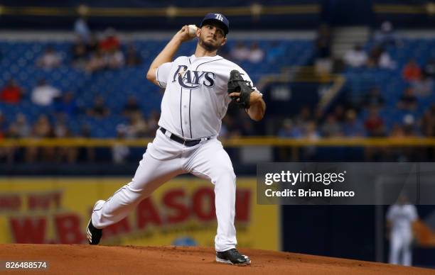 Jacob Faria of the Tampa Bay Rays pitches during the first inning of a game against the Milwaukee Brewers on August 4, 2017 at Tropicana Field in St....