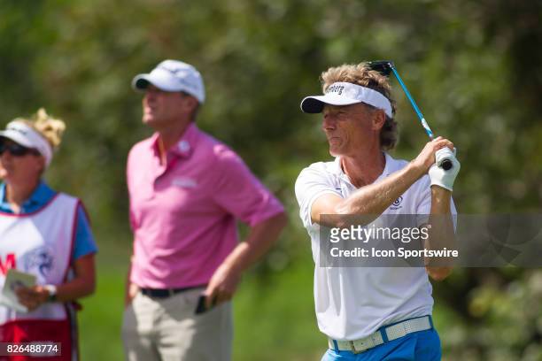 Bernhard Langer hits his tee shot of the 10th hole during the First Round of the 3M Championship at TPC Twin Cities on August 4, 2017 in Blaine,...