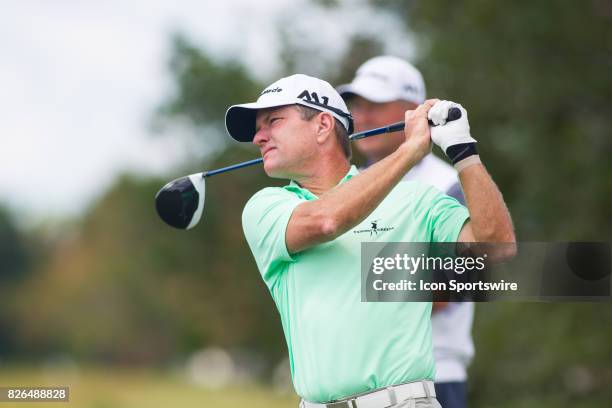 Scott Verplank hits his tee shot on the 10th hole during the First Round of the 3M Championship at TPC Twin Cities on August 4, 2017 in Blaine,...