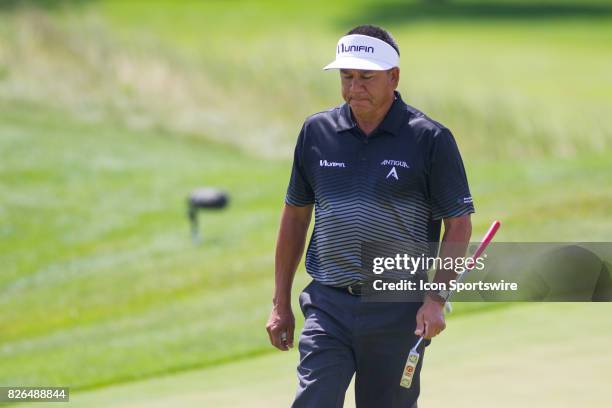 Esteban Toledo reacts after putting for par on the 13th hole during the First Round of the 3M Championship at TPC Twin Cities on August 4, 2017 in...