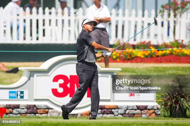 Esteban Toledo reacts after his tee shot on the 14th hole during the First Round of the 3M Championship at TPC Twin Cities on August 4, 2017 in...