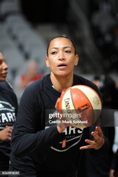 Erika de Souza of the San Antonio Stars warms up before the game against the Washington Mystics during a WNBA game on August 4, 2017 at the AT&T...